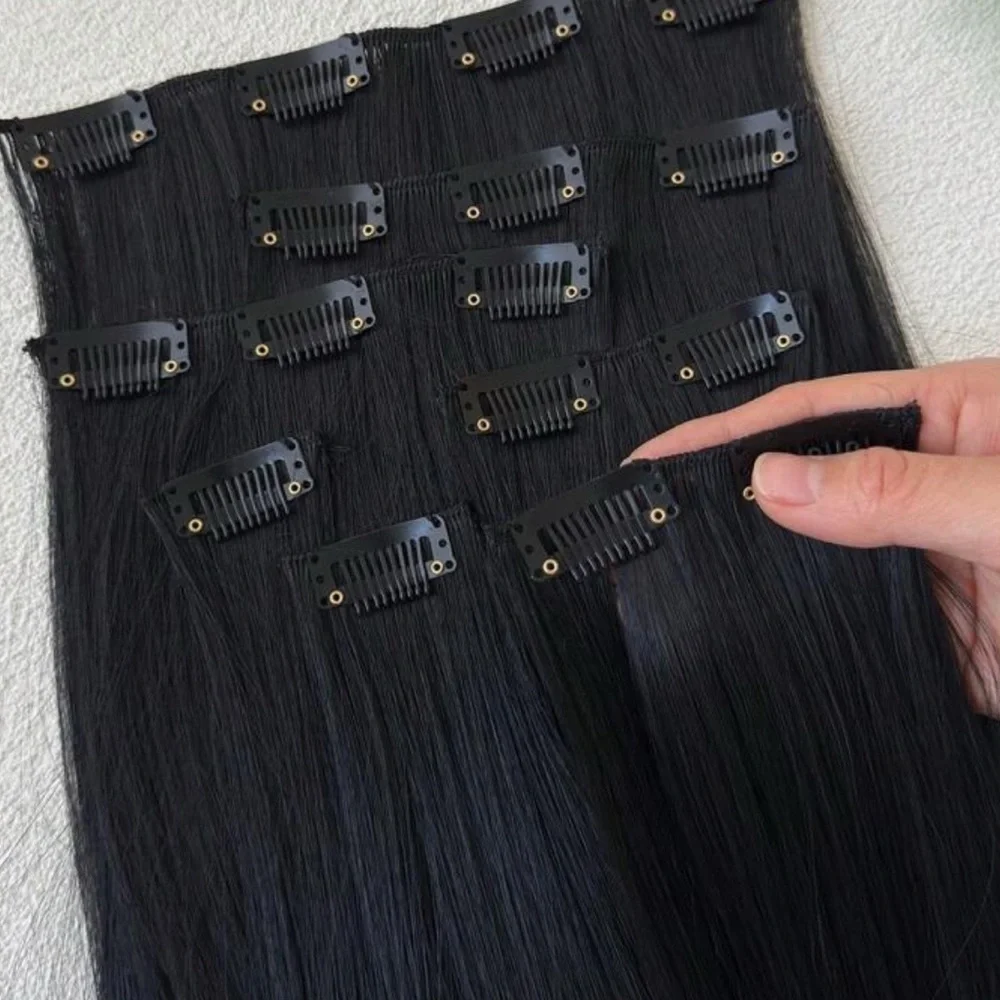Human hair blend 24 In Long Black hair Extensions in straight Hair Clip in set